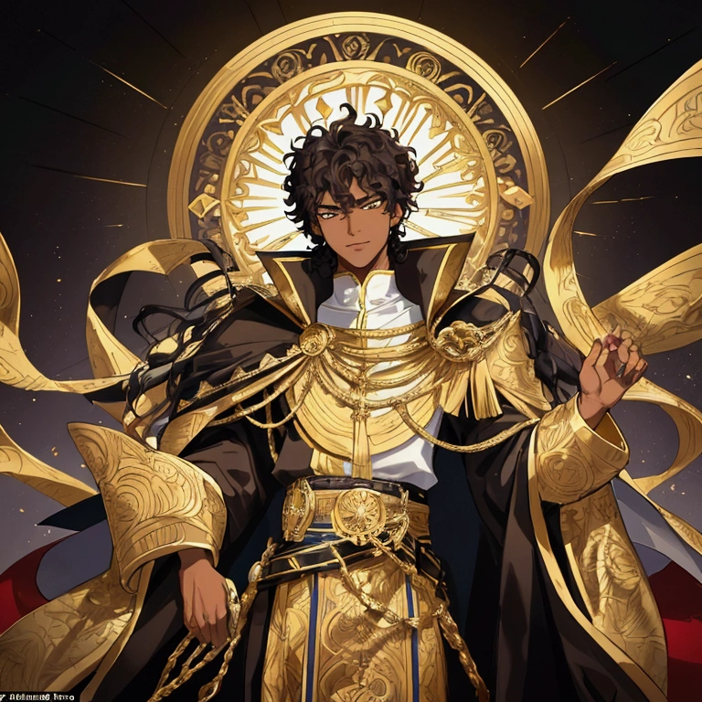 Portrait of Koyo, a 16-year-old boy, 1.80m tall, dark brown skin, brown eyes, short curly black hair. He has an average physical height for a teenager and has mixed-race facial features, characteristic of young Brazilians. Koyo wears an 8th century emperor's outfit, including a shiny black cape and a black costume with bell tones and gold trim. The boots are black with bell and gold tones, exuding an aura of power and ostentation. Your look should reflect your arrogant and eccentric personality, with an inflated ego, expressed in a confident smile and a defiant gleam in your eyes. Facial expression and posture should capture his self-centered and proud nature, showing that he considers himself superior to others. The background should be an environment that complements your majestic image, perhaps in an ancient palace or a fantastic setting. The art style is a mix between realism and caricature, emphasizing the display of his Afro-descendant characteristics and the mixture of his heritage.