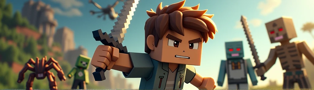 boy with brown hair, Eye Brown, and small diamond earring, com terno preto, minecraft style, with a sword, Fighting with a dragon, A zombie, a spider, and a skeleton.