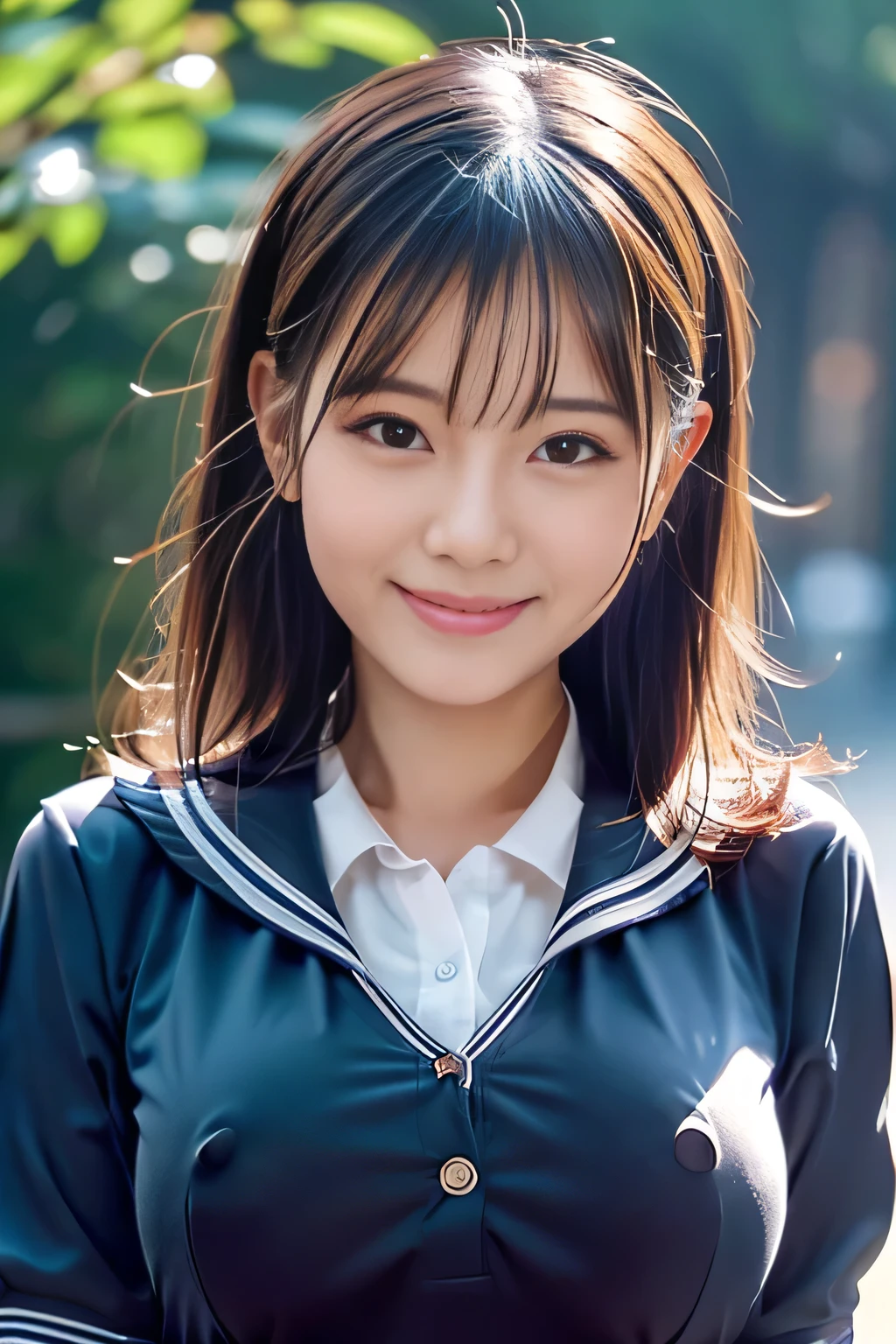 Enhanced dynamic perspective，cute cute beautiful girl，JK uniform，look at me and smile，simple background，works of masters，high quality，4K resolution，super fine，detailed pubic hair，Accurate，cinematic lighting，Retains original facial proportions、(big and full breasts:1.3)、(button gap)、(very wet body:1.37)