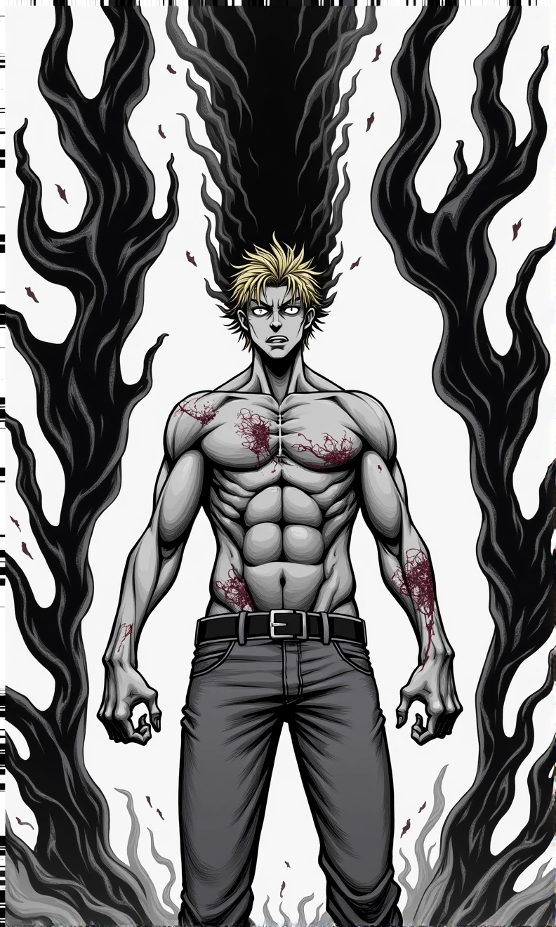 entity, masculine, adolescent, black and white, white eyes without pupils, blond hair, athletic body, manga style, black aura coming out of his entire body, angry face, intimidating, Closed mouth, wounds, anime, 4k, White background