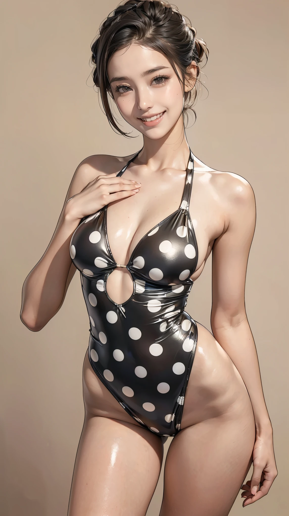 (masterpiece,Highest quality,High resolution,Realistic:1.2),(20-year-old women:1.2), (A simple swimsuit with polka dots made of latex material:1.3), (Smiling with teeth showing and eyes narrowed:1.3), (Unique hairstyle, Brown Hair, middle part, Natural Makeup:1.3), (small breasts, Thick thighs:1.2), (Show off your armpits, Don&#39;t show your hands:1.3), (Poolside:1.3), (View the subject from below:1.3), (Point to the viewer, Standing and spreading legs:1.3)