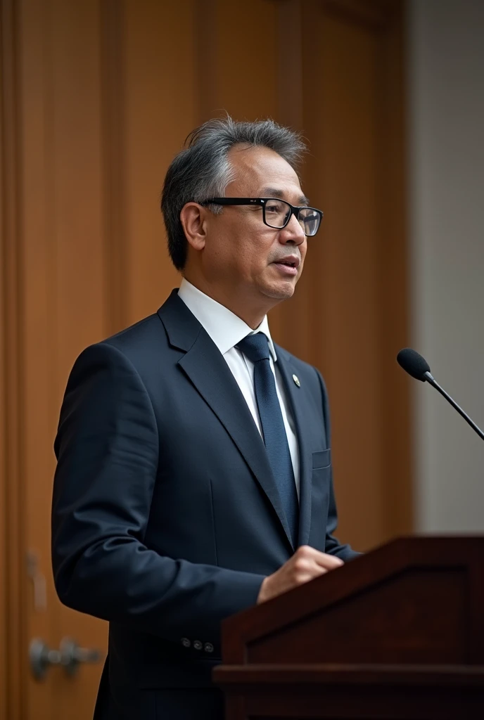 men 40 years old indonesia, wearing suit formal, speaker in front seminary, use glasses