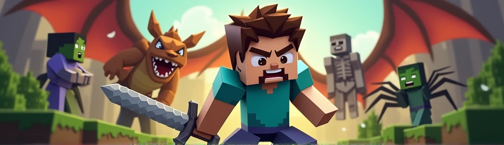 boy with brown hair, Eye Brown, and small diamond earring, com terno preto, minecraft style, with a sword, Fighting with a dragon, A zombie, a spider, and a skeleton.