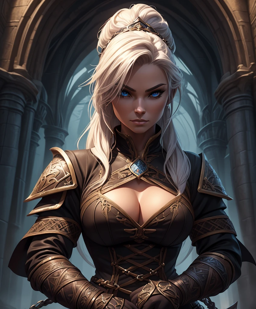 (((Create a captivating and enigmatic female warrior reminiscent of sexy glamor models.))) (((She wears medieval fantasy attire.))) 18 years old. 18yo. This is a fantasy character portrait. Design a dangerous and sleek female mercenary for a fantasy setting. This is a ruthless mercenary who is dark and sneaky. She looks like a femme fatale in leather clothes. The clothes are black with purple trim and she has a darkly attractive appearance. (((The colors in the image are dark and muted.))) Her hair is long and white and in an exotic style. She is powerful, dangerous and a slender and sleek figure in a dark fantasy setting. Firm breasts. Alluring appearance. Seductive. Dangerously sexy. She wears form-fitting armor, gorgeous face, Dungeons & Dragons character portrait, intricate details, ultra detailed, very intense appearance, ultra detailed clothes, epic masterpiece, ultra detailed, intricate details, award winning, fantasy art concept masterpiece, trending on Artstation, digital art, unreal engine, 8k, ultra HD, centered image,