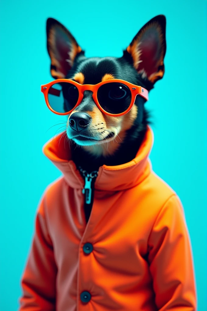 The best cell phone wallpaper, Award-Winning Wallpaper, portrait photography, In the front view is a portrait of a cute dog wearing mid-1960s space age fashion, Side view photo, Shot with Canon EOS R5, Set a strong contrast that accentuates the subject, Fluorescent blue tone, Wearing a very modern coat and sunglasses is a modern 1960s style, Clothes all in one color, beautiful background