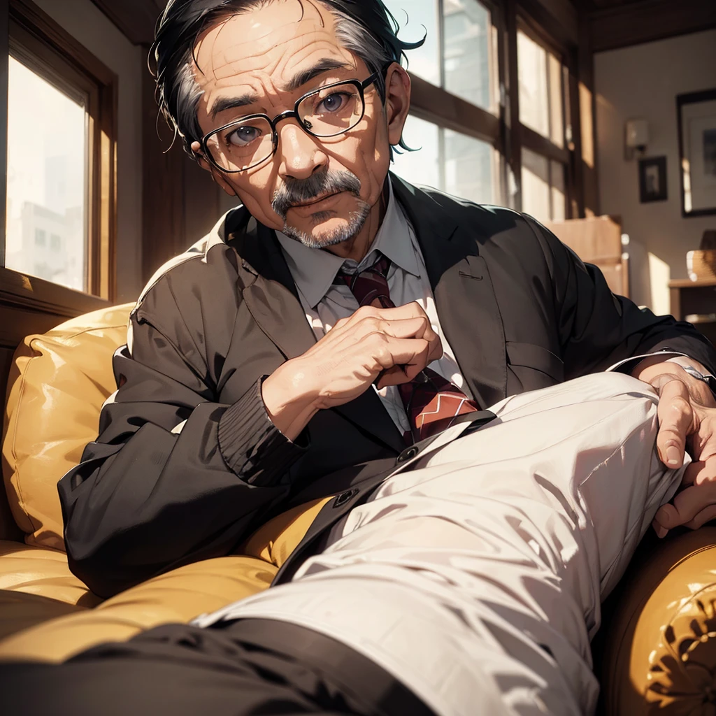 an elderly man adult, tie, wearing glasses and black hair, sitting on a sofa in a house, detailed portrait, realistic, photorealistic, 8k, ultra-detailed, masterpiece, dramatic lighting, cinematic, warm color tones, high quality