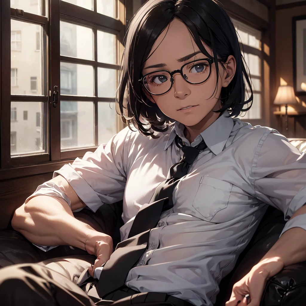 an elderly man adult, tie, wearing glasses and black hair, sitting on a sofa in a house, detailed portrait, realistic, photorealistic, 8k, ultra-detailed, masterpiece, dramatic lighting, cinematic, warm color tones, high quality