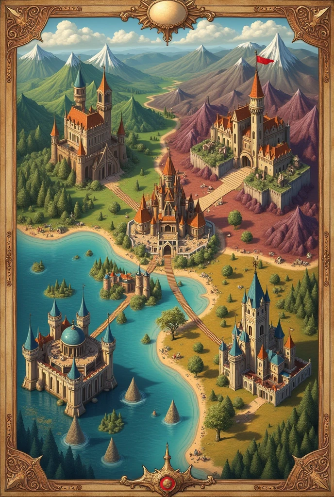 Design a medieval map where it is divided into four sections based on the four seasons (summer, spring, autumn and winter) and each one has its city with well-marked characteristics of each season and that the castles of each one stand out
