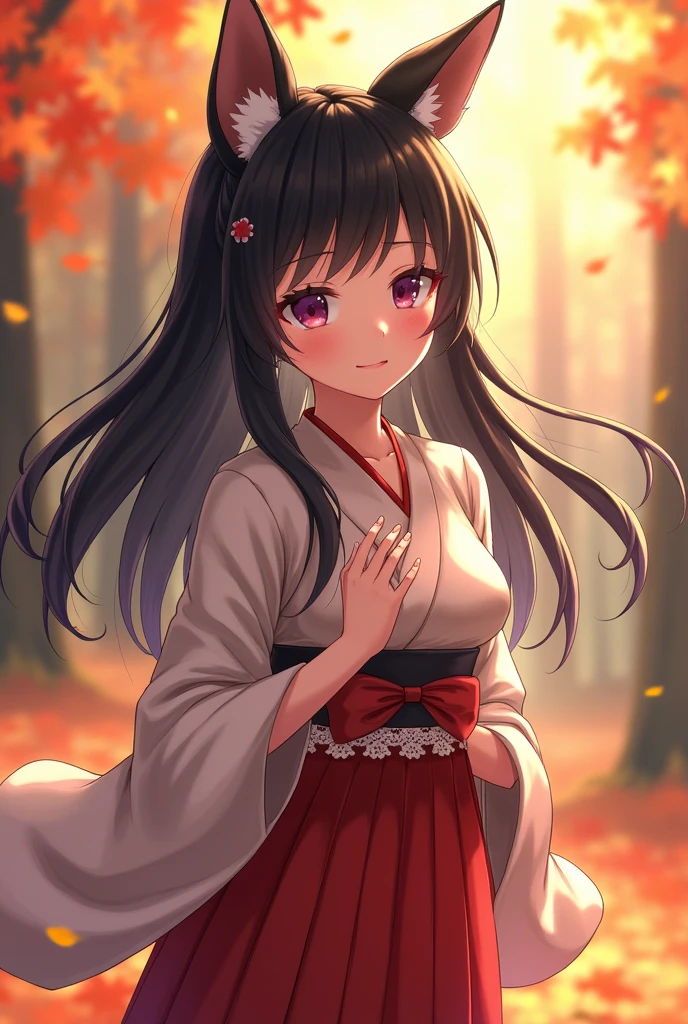 best quality, (masterpiece:1.35), wallpaper, (illustration), The original, (Depth of Field), (1 Girl:1.35), (Solitary), whole body, Dynamic, Delicate face,Mature female, aldult, (old:1.3), Medium breasts, interesting, Happy,Miko costume, lace,Absurdly long hair, Black Hair,Dog Ear Volumetric Lighting, Fallen Leaves, Tyndall effect,