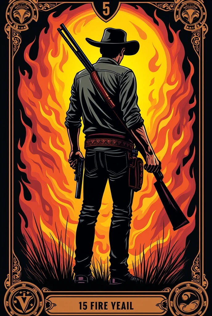 Tatuagem em formato de carta de tarô, em chamas, baseado em red dead redemption onde o cowboy se encontra de costas, com sua pistola em punho e espingarda em seu ombro( em estilo Cartoon)
