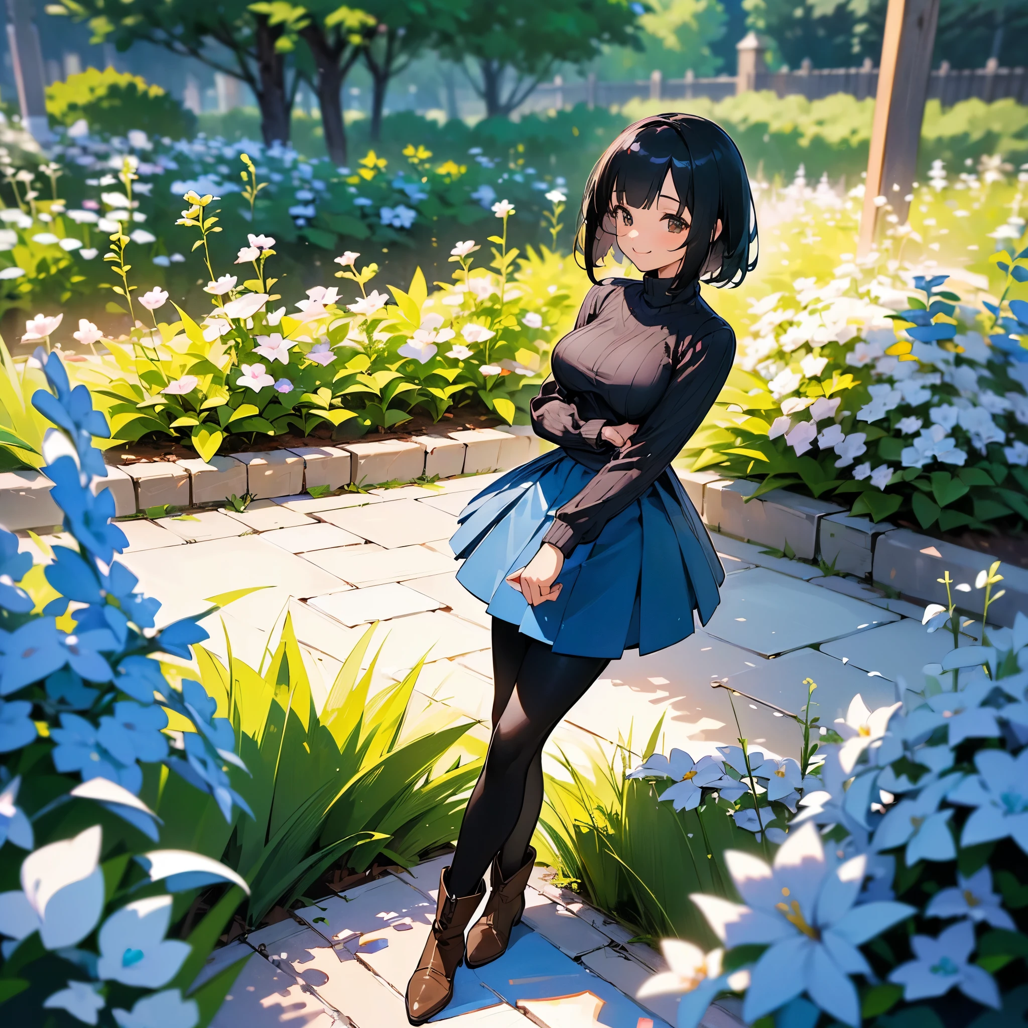 (high quality, High resolution, Very detailed, reality:1.37), Peaceful atmosphere, (Outdoor, garden), Teenage girl standing alone, (my breasts are big.), Beautiful details, Cute Smile, (Black bob hair), Ribbed sweater, Blue Skirt, Black tights, Brown boots.