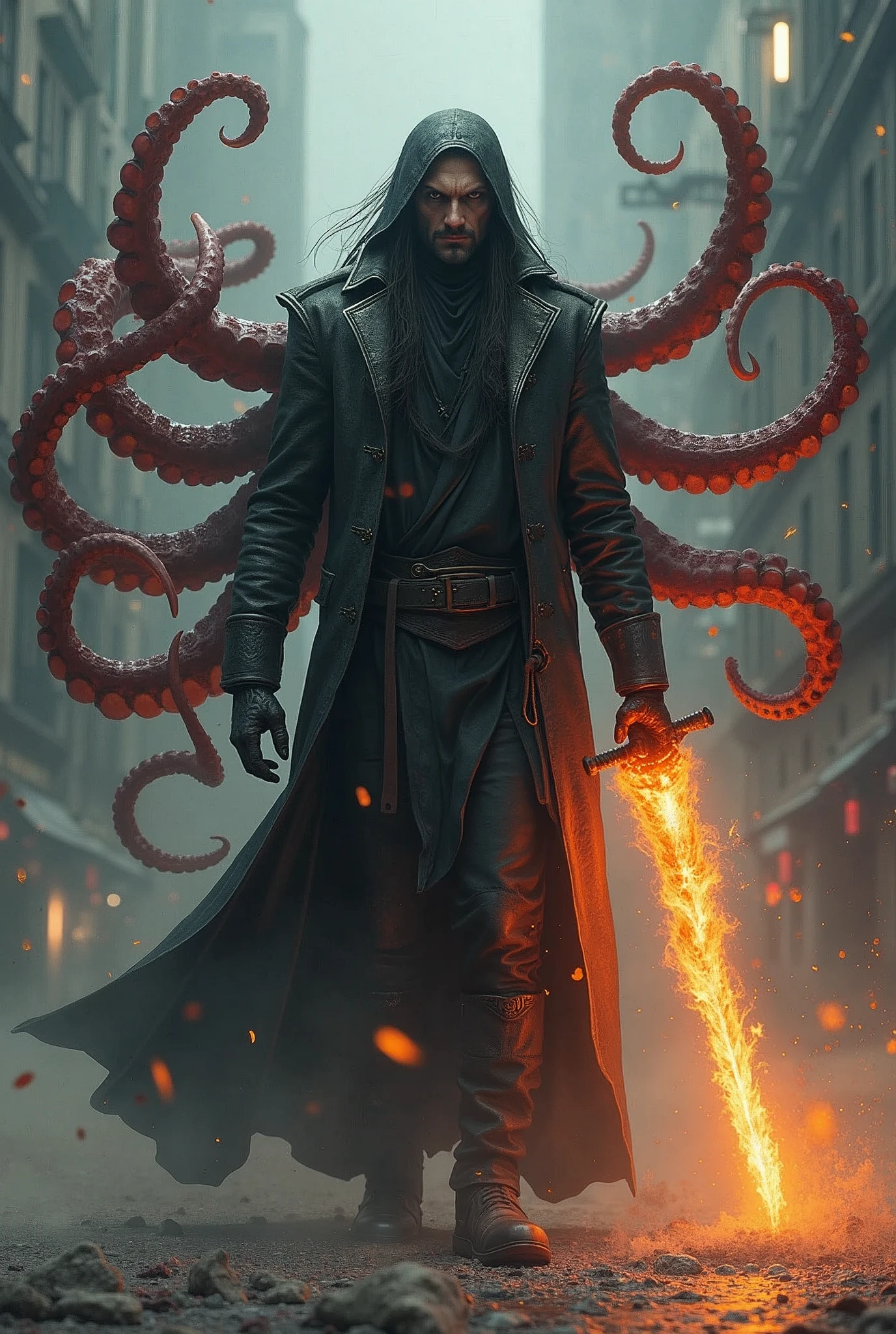 ((best qualityer)), (detailded), ten mens, octopus arms, realistic head, flaming hands, sword in the back, cold feet, hidden eyes, long hair