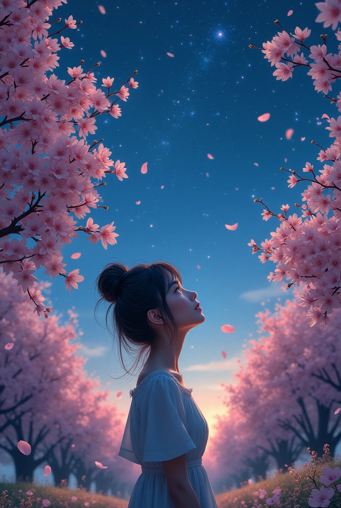 image for a book a 25 year old girl looking at the stars in a garden full of cherry blossoms 