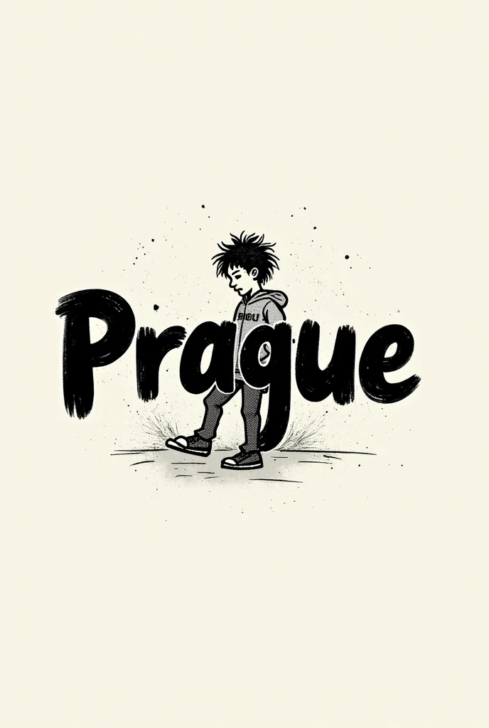 create a clothing brand logo with the name "prague" streetwear style with a not so detailed background character, half scribbled 
