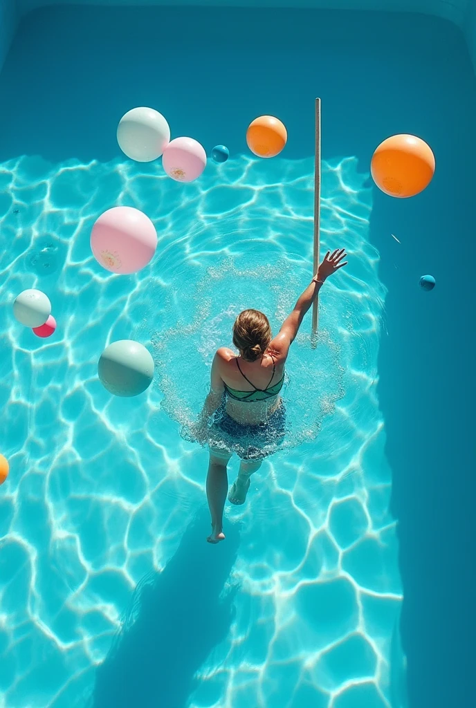 I need an image of a pool containing small inflatable balls that are being distributed by a person with a stick in the center of the pool.. The image must be viewed from a top-down perspective.
