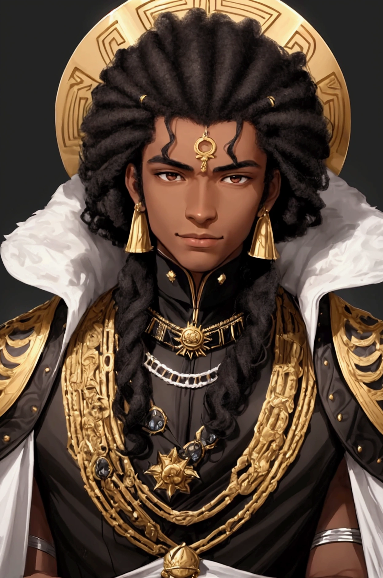 Portrait of Koyo, a 16-year-old boy, 1.80m tall, dark brown skin, brown eyes, short curly black hair. He has an average physical height for a ager and has mixed-race facial features, characteristic of young Brazilians. Koyo wears an 8th century emperor's outfit, including a shiny black cape and a black costume with bell tones and gold trim. The boots are black with bell and gold tones, exuding an aura of power and ostentation. Your look should reflect your arrogant and eccentric personality, with an inflated ego, expressed in a confident smile and a defiant gleam in your eyes. Facial expression and posture should capture his self-centered and proud nature, showing that he considers himself superior to others. The background should be an environment that complements your majestic image, perhaps in an ancient palace or a fantastic setting. The art style is a mix between realism and caricature, emphasizing the display of his Afro-descendant characteristics and the mixture of his heritage.