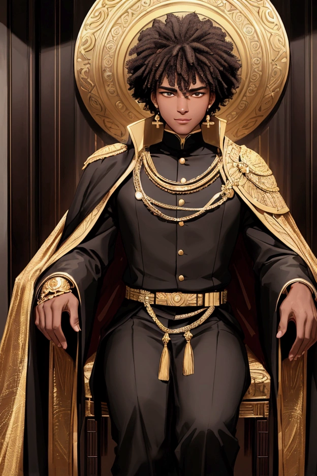 Portrait of Koyo, a -yeld bo1.80m tall, dark brown skin, brown eyes, short curly black hair. He has an average physical height for a teenager and has mixed-race facial features, characteristic of young Brazilians. Koyo wears an 8th century emperor's outfit, including a shiny black cape and a black costume with bell tones and gold trim. The boots are black with bell and gold tones, exuding an aura of power and ostentation. Your look should reflect your arrogant and eccentric personality, with an inflated ego, expressed in a confident smile and a defiant gleam in your eyes. Facial expression and posture should capture his self-centered and proud nature, showing that he considers himself superior to others. The background should be an environment that complements your majestic image, perhaps in an ancient palace or a fantastic setting. The art style is a mix between realism and caricature, emphasizing the display of his Afro-descendant characteristics and the mixture of his heritage.