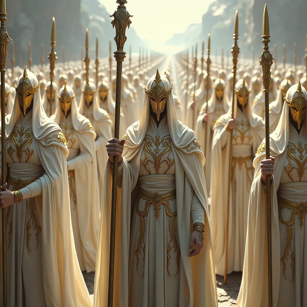 imperial army, thousands of war wizards, His armors are robes ornamented with (White color with golden tones.). Instill fear, They all have staffs and hoods, They have golden masks.