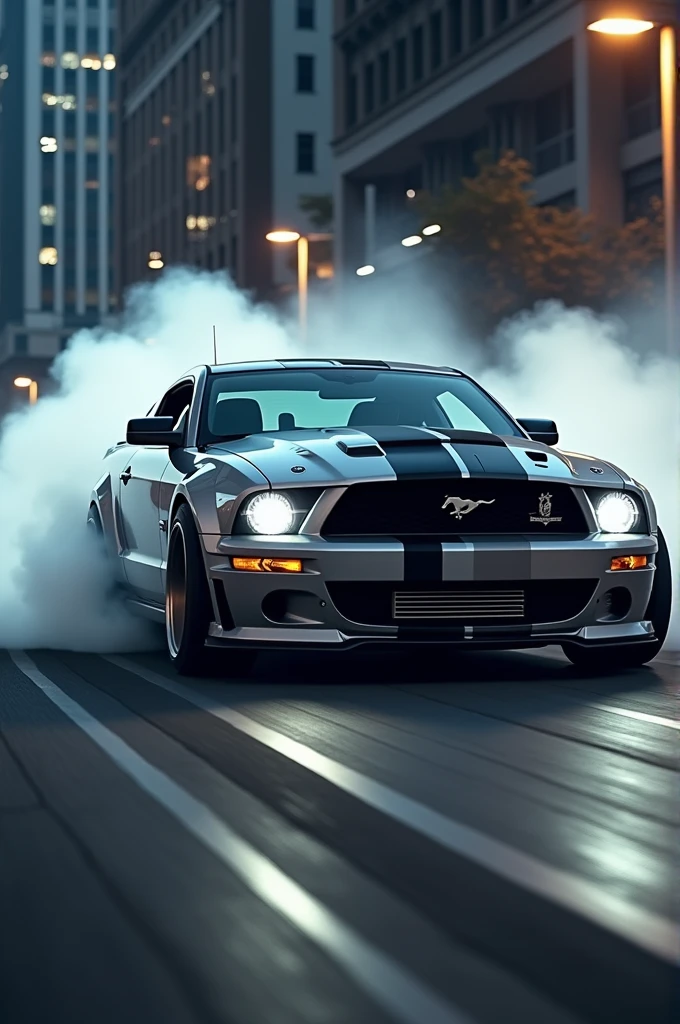 Create a 2005 Ford Mustang GT drifting image, it has to be gray in color