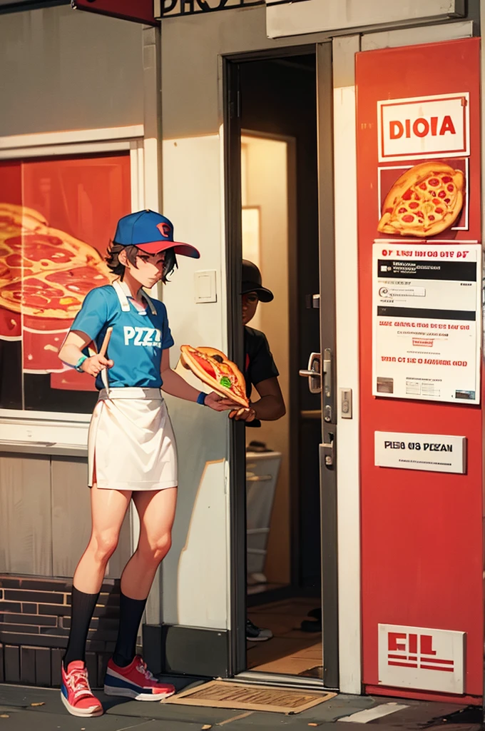 A femboy working as a pizza delivery man upset at a customer's door because he didn't receive a tip.