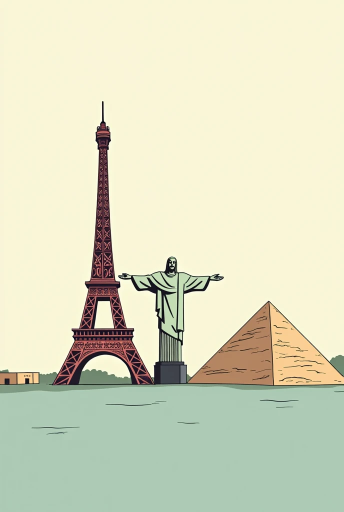 A very simple and easy to draw image of a place that has the Eiffel Tower, Christ the Redeemer and a Pyramid. This image is for a comic strip. with very simple features.