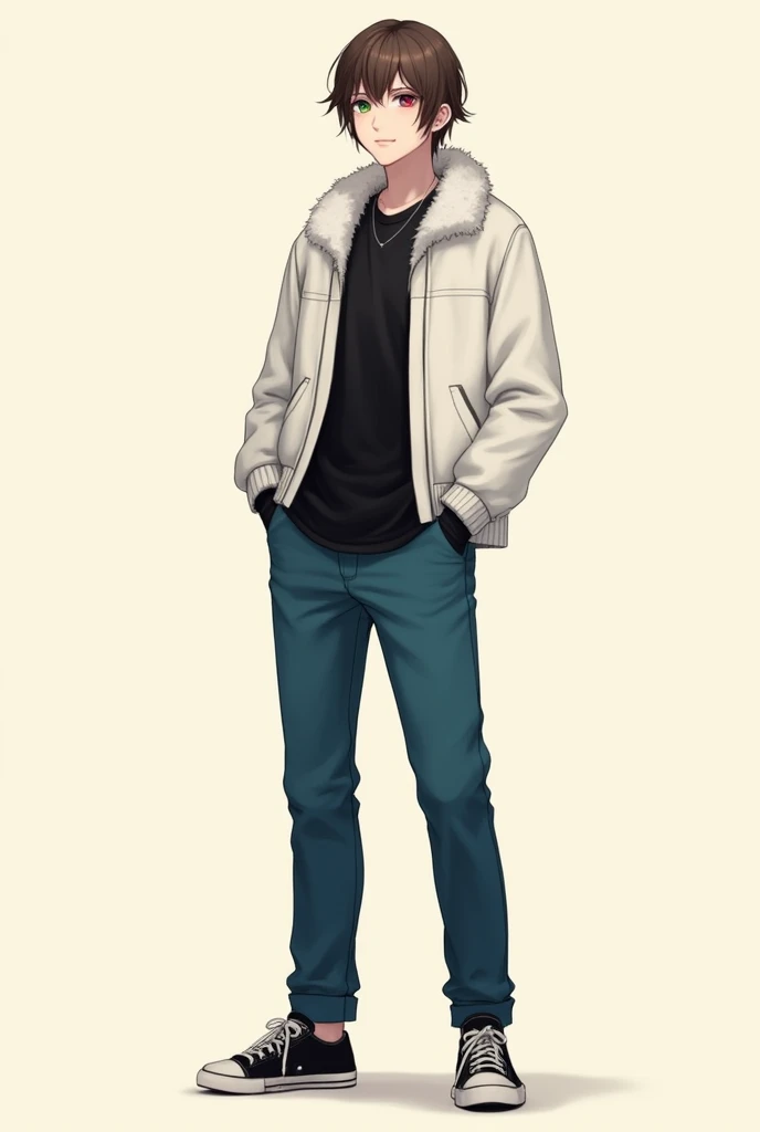 The portrait of the male person must carry:

- Heterochromia, with one dark green eye and the other dark red eye - Light skin with a pinkish tone - Slightly long and straight hair with some brown tips - A soft and expressive smile - A cream or beige colored background - Must have clothes like a black t-shirt, white jacket with some plush on the shoulders , Marine blue pant, Black tennis shoes with white soles and black gloves - Must be about 22 years old - Must be one meter and seventy centimeters tall 