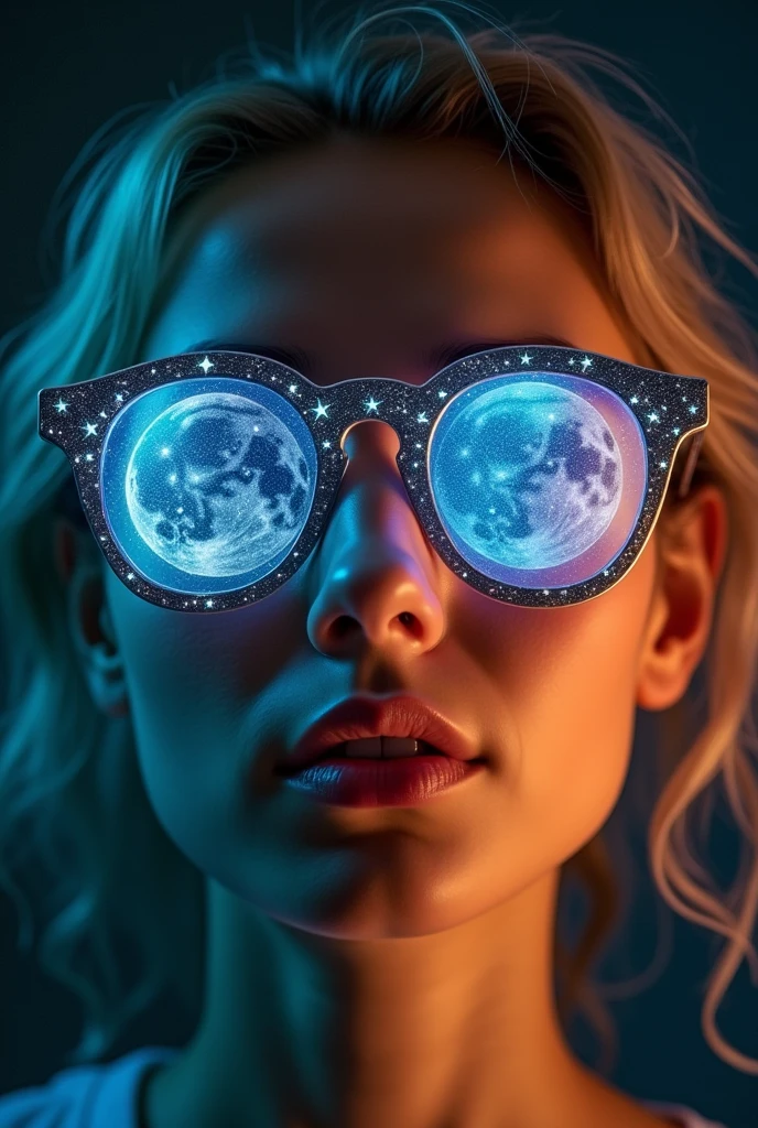 The model is wearing glass sunglasses with stars and the moon on the glass interracting with a gemini AI chatbot