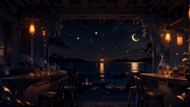 "Create a serene, nighttime scene from the perspective of sitting at a dimly lit bar counter, gazing out through large windows at a calm, moonlit sea. The bar exudes a cozy, vintage charm with a polished wooden counter, dark leather bar stools, and warm, ambient lighting from vintage-style lamps that cast soft glows and long shadows. Outside the window, the sky is dark, with a few stars scattered across the deep blue expanse and a crescent moon hanging low. The sea is calm, gently reflecting the moonlight and the twinkling lights of distant ships or coastal buildings. The transition from the bar's warm interior to the cool, serene night outside creates a tranquil and intimate atmosphere. The scene captures the peaceful stillness of the night, with a soft jazz tune playing in the background, blending with the faint sound of waves, evoking a sense of quiet reflection and comfort."