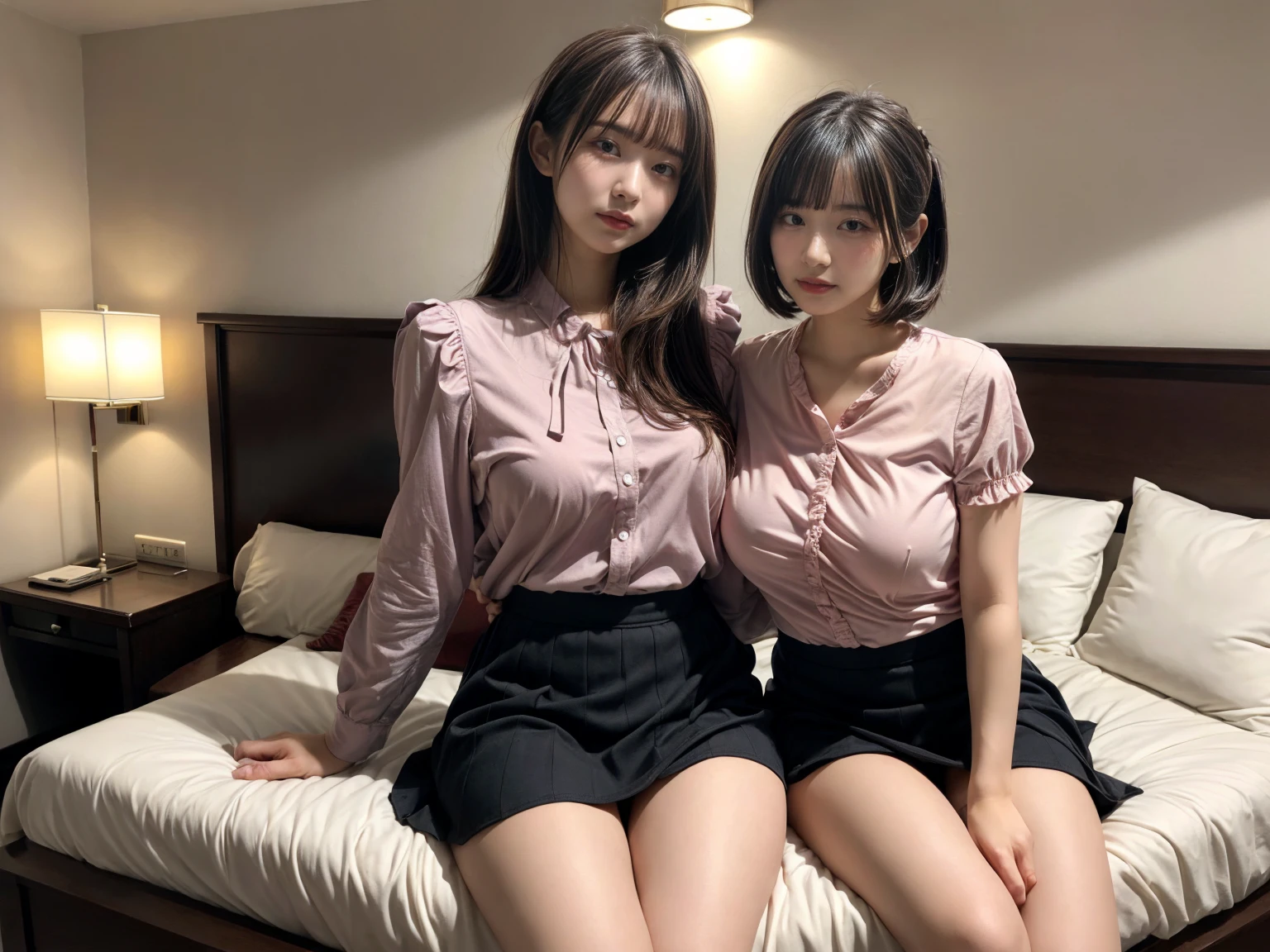 masterpiece, best quality, illustration, Super detailed, fine details, High resolution, 8K,wall paper, perfect dynamic composition,(Details High quality, realistic depiction of eyes:1.3), (2 girls), pink frilled shirt blouse, Black Frilled skirt, sitting, open legs, short bob hair, in a hotel room in the background, deep on field, large breasts, black hair color, Big Natural Color Lip, (perfect body shape), crying a little、Harajuku style、20 year old girl、cute type、beautiful legs, Gravure Idol