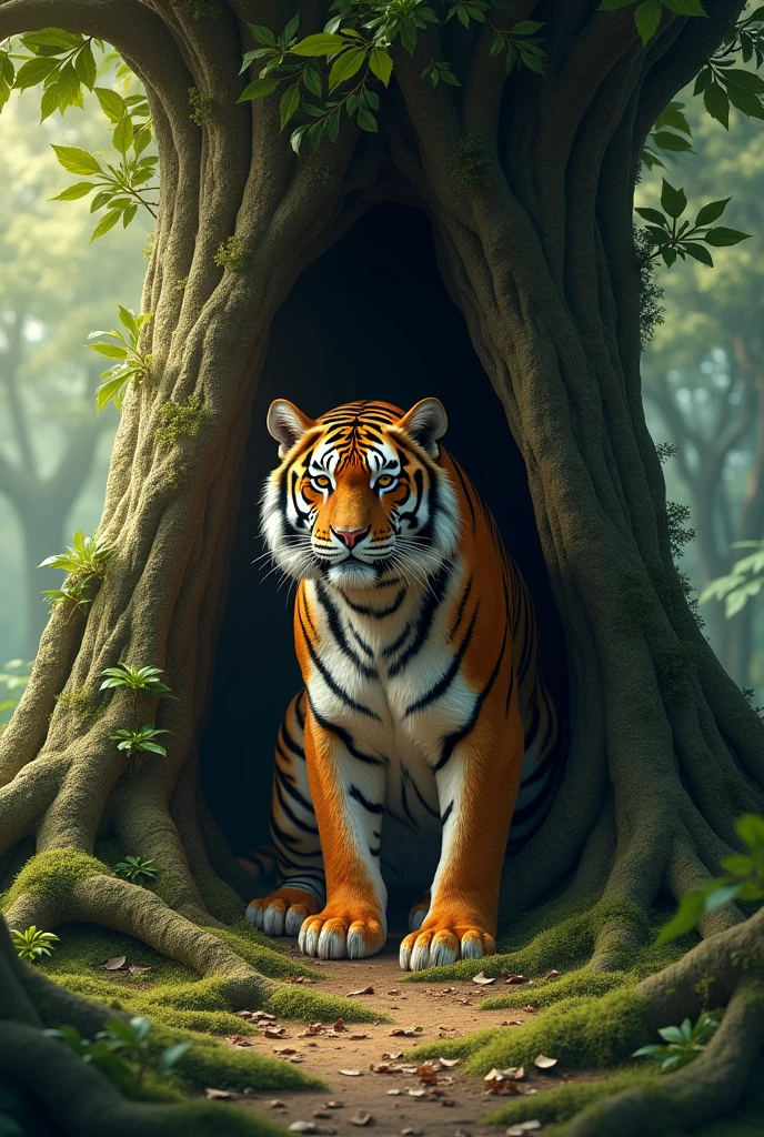 In the center of the clearing, There was a big tree with a hole in the trunk.. There lived a tiger
