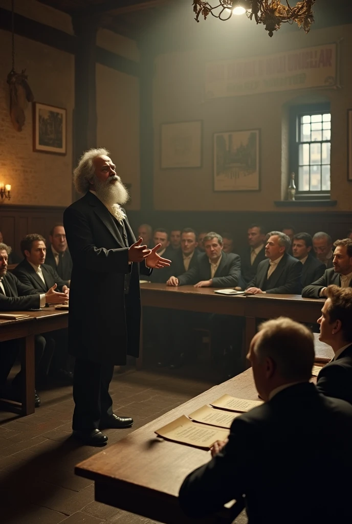 Create a hyper-realistic, cinematic scene depicting Karl Marx delivering a passionate speech at a workers' union meeting in England in 1850. The setting should be a modest, industrial-era meeting hall or union room, with period-appropriate decor such as wooden benches, simple tables, and banners. Karl Marx should be at the center of the scene, standing on a small platform or makeshift stage, with a commanding presence and a fervent expression as he addresses the crowd. He should be dressed in 19th-century attire, such as a dark suit and a cravat. The audience, a diverse group of working-class men and women, should be seated or standing, listening intently, with expressions of interest and determination. Include elements like pamphlets or papers on the tables, and perhaps some sketches of industrial scenes or workers' struggles on the walls. The lighting should be dramatic, focusing on Marx to highlight the intensity and importance of his speech, capturing the revolutionary spirit of the time