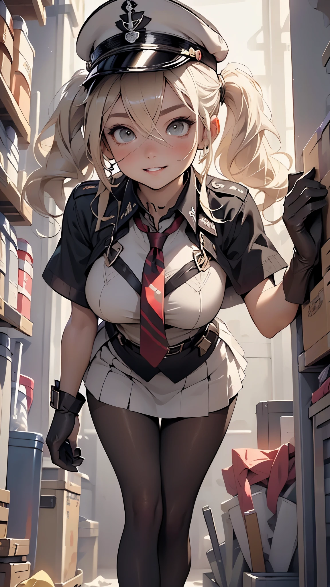 1girl,

(large breasts:1.4),((((blonde hair,hair between eyes,long hair,sidelocks,twintails)))),(((grey_eyes:1.3))),intricate eyes,beautiful detailed eyes,symmetrical eyes,((((lustrous skin:1.5,tanned skin,bright skin: 1.5,skin tanned,shiny skin,very shiny skin,shiny body,Reflective skin)))),(spider lower abdomen,narrow waist,wide hip,athletic body,inflated legs,thick thighs,(detailed face)),beautiful detailed lips,

cute,slutty,sensual,seductive look,seductive,((erotic)),opulent,sumptuous,((nsfw)),

(anchor ornament),(black gloves,gloves),(black pantyhose,panties,panties under pantyhose,pantyhose,underwear),(high collar,capelet,two-tone capelet,red capelet,white capelet,celtic knot,impossible clothes),(necktie,short necktie,cross,iron cross),(hat,military hat,peaked cap,white headwear,white hat),((military uniform,uniform)),((skirt,black skirt,miniskirt,pleated skirt)),

(flirtatious pose:1.3), looking at viewer,smile,centered,scale to fit dimensions,Rule of thirds,

indoor((Nazi bunker,room, dark bunker, swastika,depths of a steampunk bunker)),scenery:1.25,((intricate scenery)),

(Glossy steampunk ornaments),highres,sharp focus,(ultra detailed,extremely detailed),(photorealistic artwork:1.37),(extremely detailed CG unity 8k wallpaper),(((vibrant colors,vibrant theme))),(intricate),(masterpiece),(best quality),artistic photography,(photography taken by sldr),(intricate background),perfect rendered face,perfect face details,realistic face,photo realistic,((intricate detail)),(((realism))),
