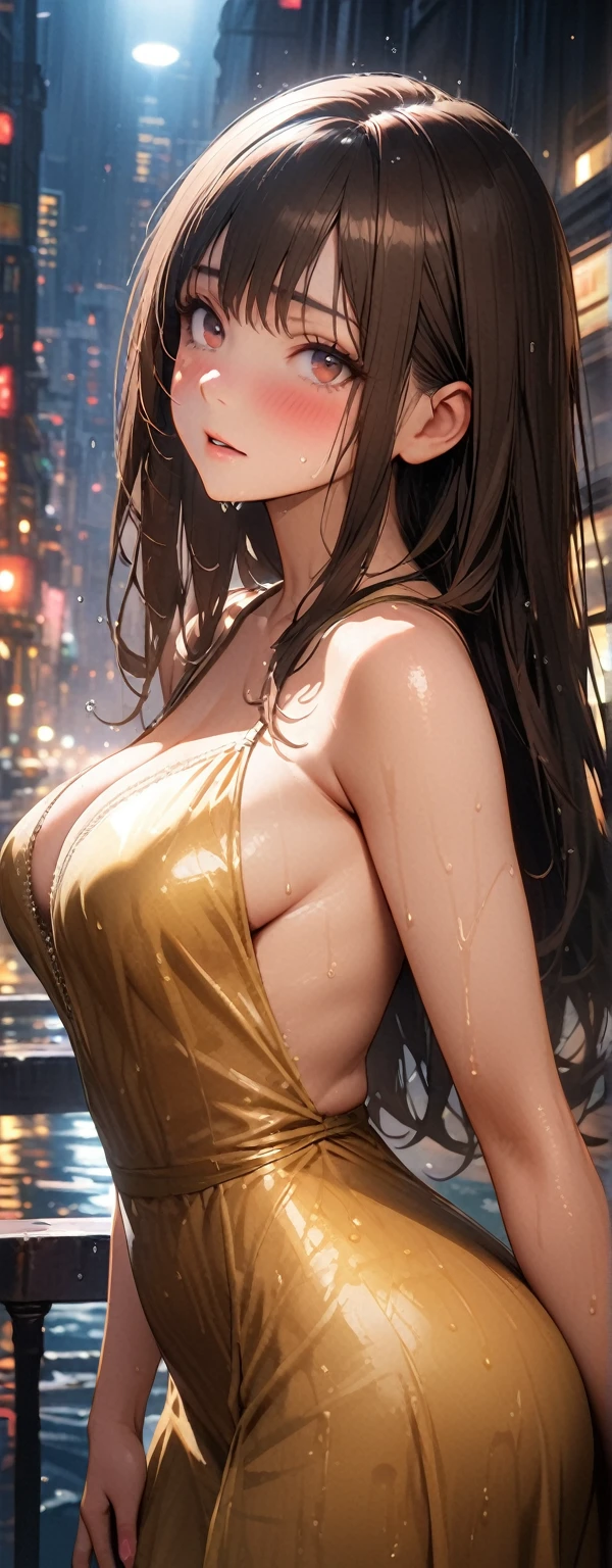 Straight Hair、Brown Hair,((Highly detailed golden sexy dress)), Sunburned skin),Looks about , (beautiful girl: 1.3),1girl,Highest quality,8k,Highly detailed CG unit wallpaper,masterpiece:1.2,Highest quality,Ultra-high resolution,RAW Photos,Realistic textured skin,Cinema Lighting,Embarrassing,blush, vapor,Wet,Wet,Watery eyes,weak,Huge building,Metropolis,vapor,big, Big round ass detailed ass,Lounge at night,Cyber Pink Background