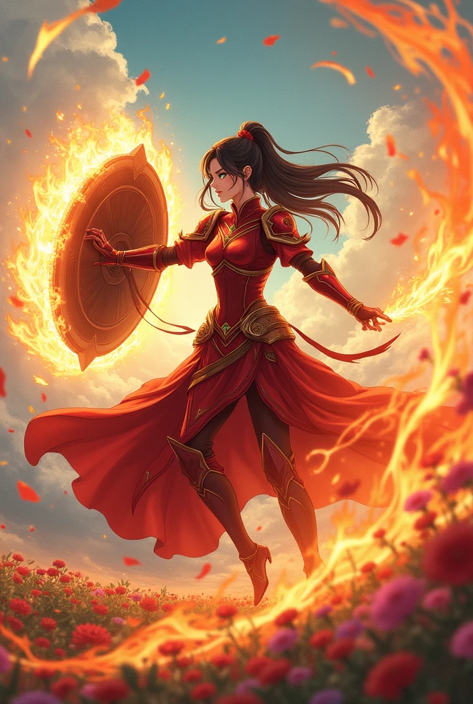 Female warrior with red armor and fire shield, greeneyes, long clothes, Scenery of flowers. Training. With rays of fire, アニメ