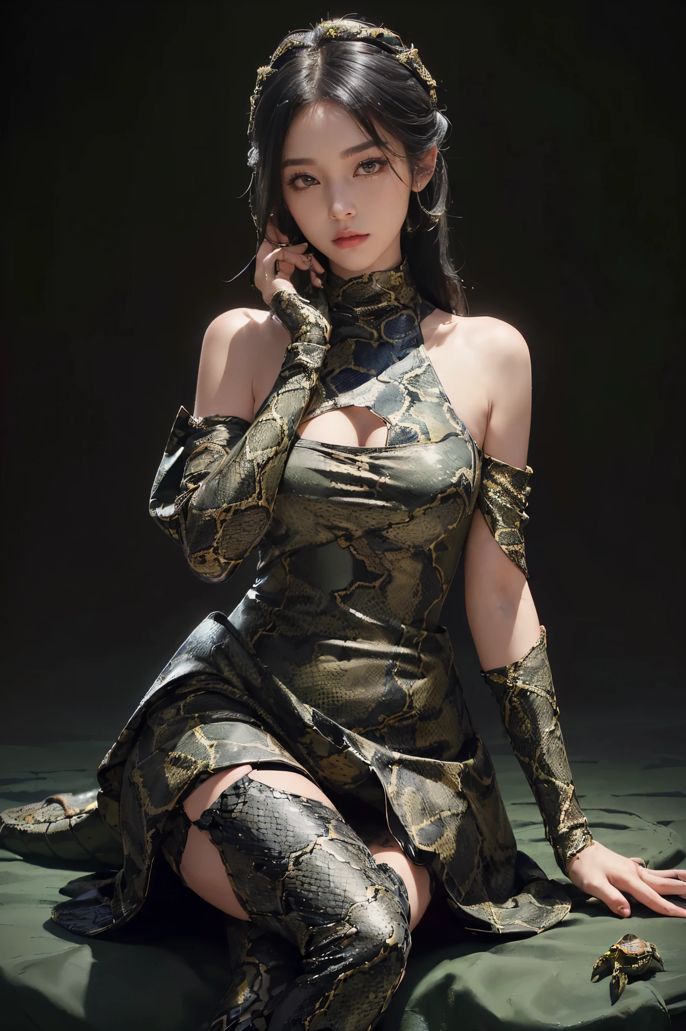 ( Absurdly , high quality , Very detailed,View Photographer)、(Black Straight Hair)、(((Snake on arm. Realistic snake wrapped around arm.))))、Hair Access、pantyhose、Knee-high boots、(((A costume dress with a beautifully detailed turtle pattern)))、(masterpiece, 最high quality, 最high quality, Official Art, Beauty and aesthetics: 1.2), (One girl: 1.3)、Fantastic Background