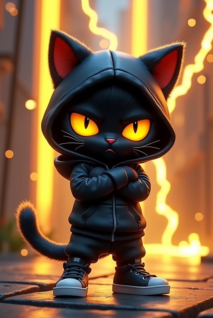 Create game character of a cute chibi-style black cat with yellow eyes in a lightning element theme, rendered in a Disney Pixar 3D art style. The cat should be in a cool pose, frowning with arms crossed in front, wearing a black sweatshirt hoodie with matching black sneakers. The background should include a vibrant and dynamic scene with electric sparks, lightning bolts, and a neon black and yellow color scheme.