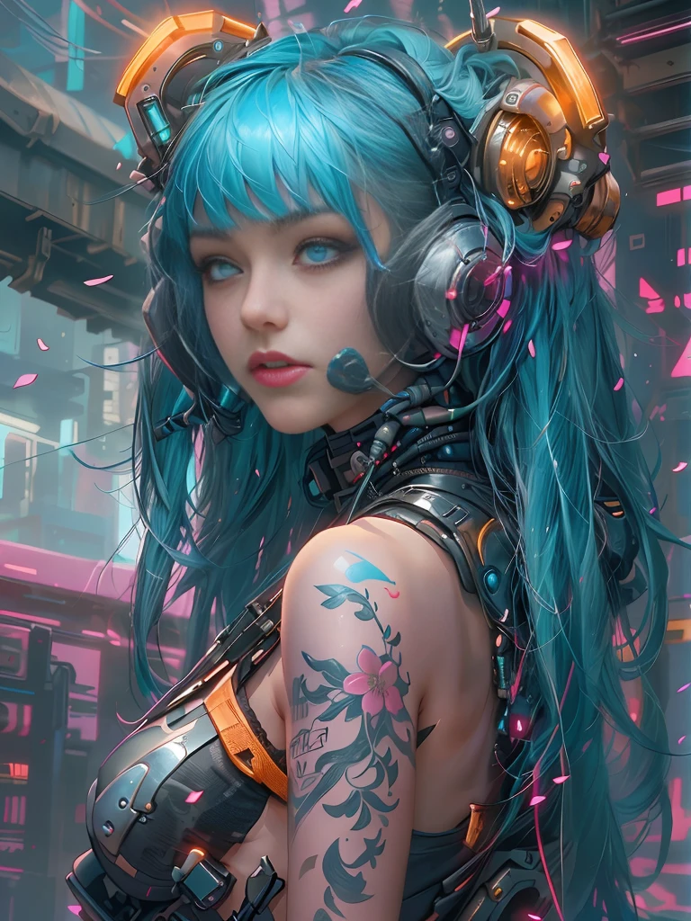 cyber punk Girl,(top-quality、8K、32K、​masterpiece、nffsw:1.3)、(The ultra -The high-definition)、(Photorealsitic:1.4)、Raw photography, long neon blue hair, Perfect vibrant yellow eyes and long detailed eyelashes, huge enormously gigantic tits, cleavage showing, wearing futuristic battle armor, tons of tattoos and piercings, Charming perfect figure,actionpose:1.2,Detailed cyberpunk fashion、futuristic World of Cyberpunk,cherry blossoms blowing in the wind, depth of fields, highly detailed backround,、