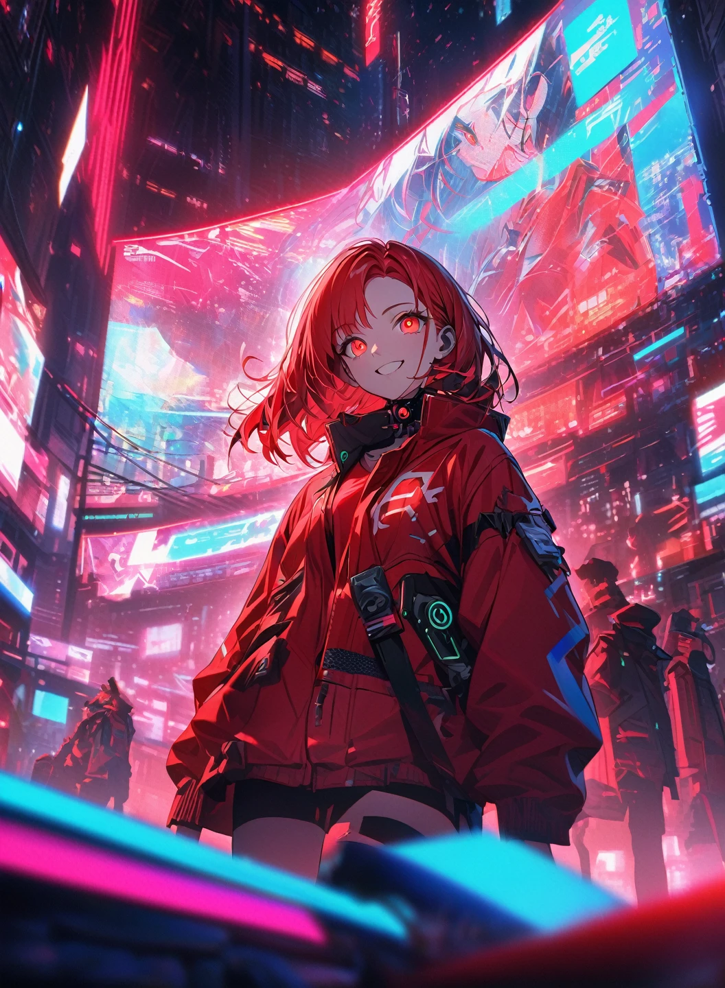 cyber punk,Red Hair,Fluorescent Red Hair,Fluorescent red eyes,cyber punkな背景,Blurred Background,Red jacket,Rainbow High Resolution, High detail, Ultra high definition, ((Glowing red eyes)),Character portrait, Wide-angle shot, smile,whole body