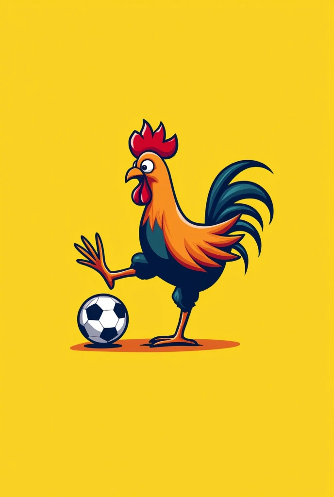 Create a logo that has a picture of a chicken kicking a ball and a yellow background.