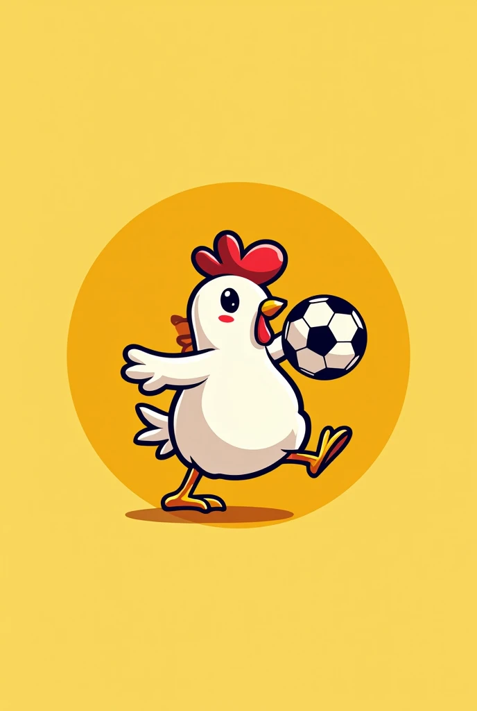 Create a logo that has a picture of a chicken kicking a ball and a yellow background. 