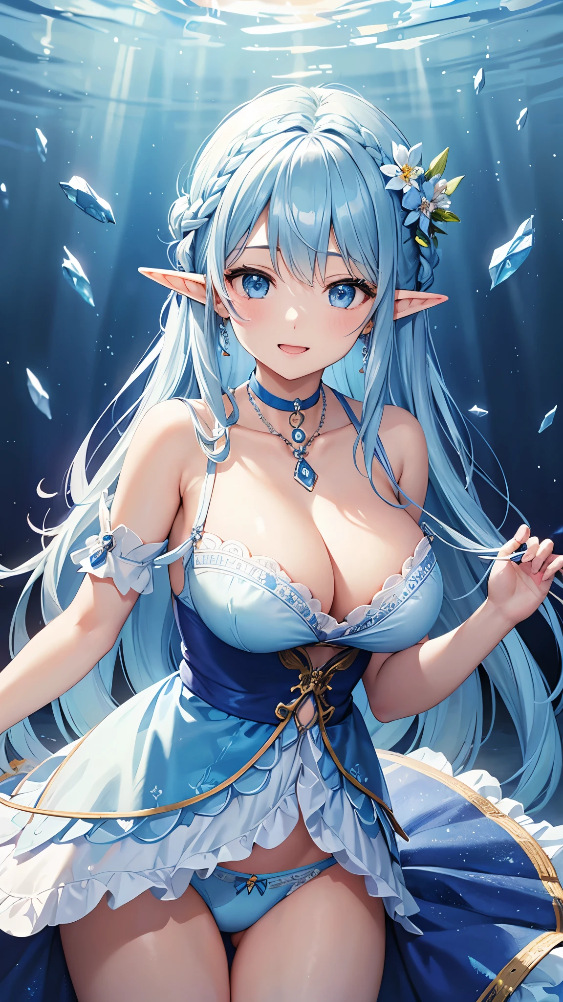 Highest quality、Highest quality、masterpiece、(8k resolution),beauty(Age 25)、(Mature Appearance)、Light blue long hair(Braiding of the sides)、blue eyes、(Light blue underwear with detailed embroidery、good)、(Elf)、Big cleavage、((Super big on the verge of bursting))、smile、blue necklace、Blue Earrings、background(flower)、Please open your mouth wide、goodcelet、Dynamic pose、Blue choker、