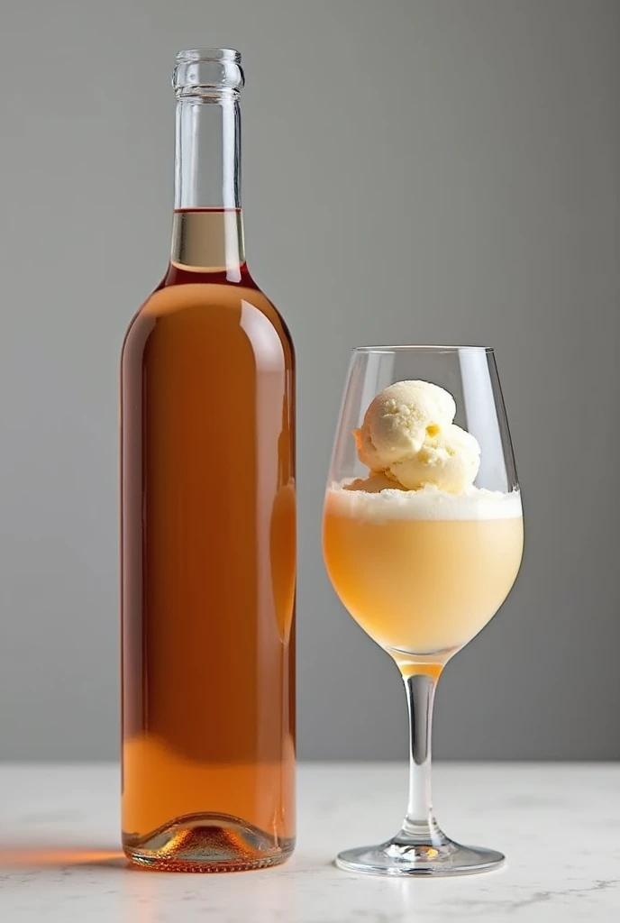 A glass bottle of some wine and next to it a glass with ice cream. The glass has the same shape as the bottle and only reaches halfway up the bottle.