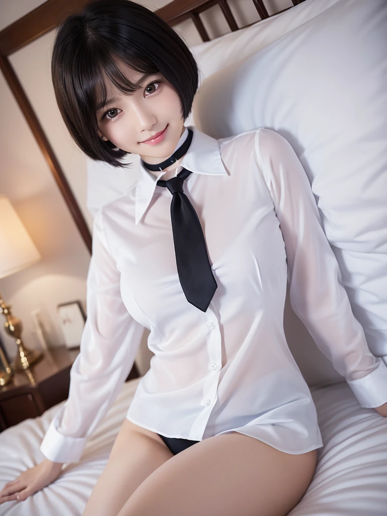 low angle shot from bed figure approaching lie down neat girl is beautiful japanese female and beautiful russian female mixed race only in the face age is 17 features of the whole body black hair medium straight bob cut hair style beautiful small face with short eyelashes boyish eyes only high nose dark blue pupils very thin upper lip milky white skin accurate attractive body shape beautiful bust waist hip s thighs knees legs choker and tie on neck wearing only a large size formal shirt with collars smiles kindly and slightly on bed