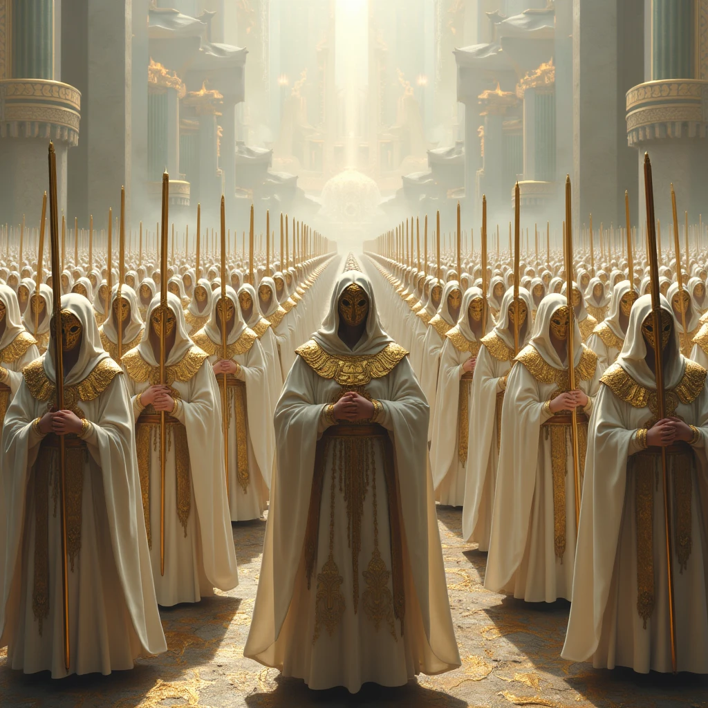 imperial army, thousands of war wizards, His armors are robes ornamented with (White color with golden tones.). Instill fear, They all have staffs and hoods, They have golden masks.