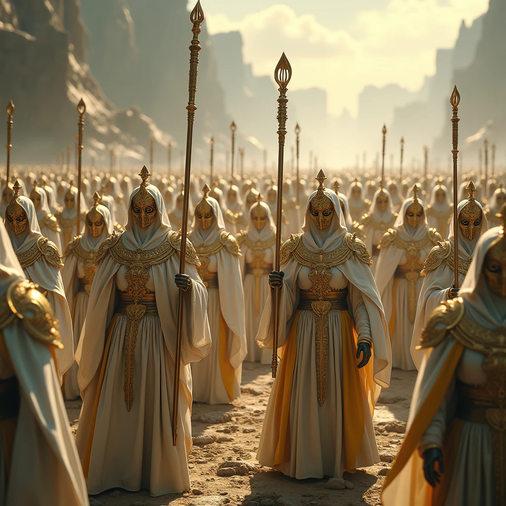 imperial army, thousands of war wizards, His armors are robes ornamented with (White color with golden tones.). Instill fear, They all have staffs and hoods, They have golden masks.