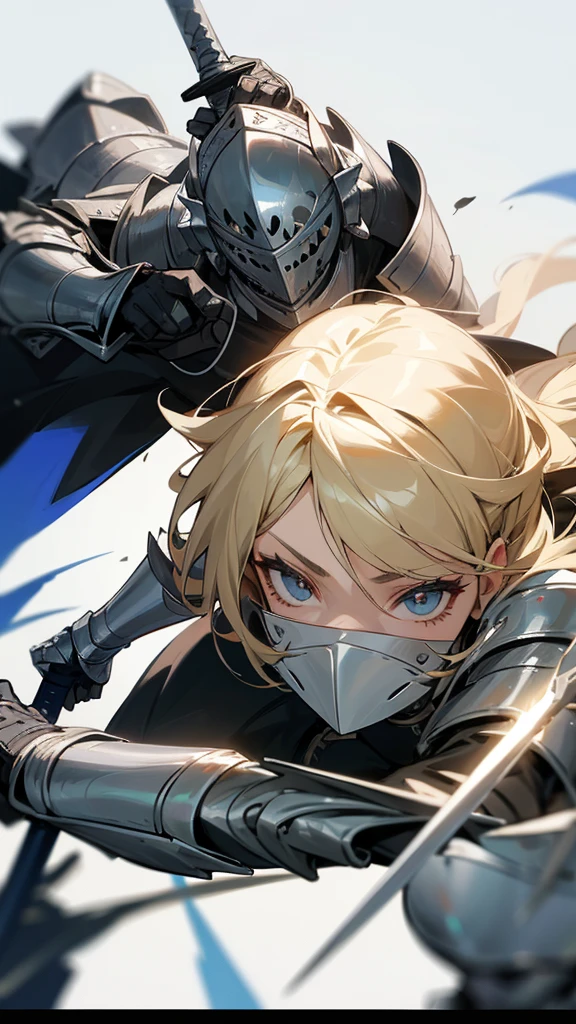 A female knight with a two-handed sword in her hands in an attacking position. Silver armor without helmet, leaving her face with fine features and blond hair to shine