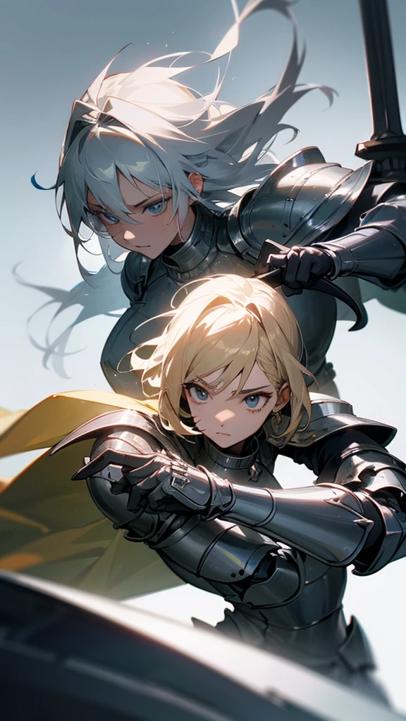 A female knight with a two-handed sword in her hands in an attacking position. Silver armor without helmet, leaving her face with fine features and blond hair to shine