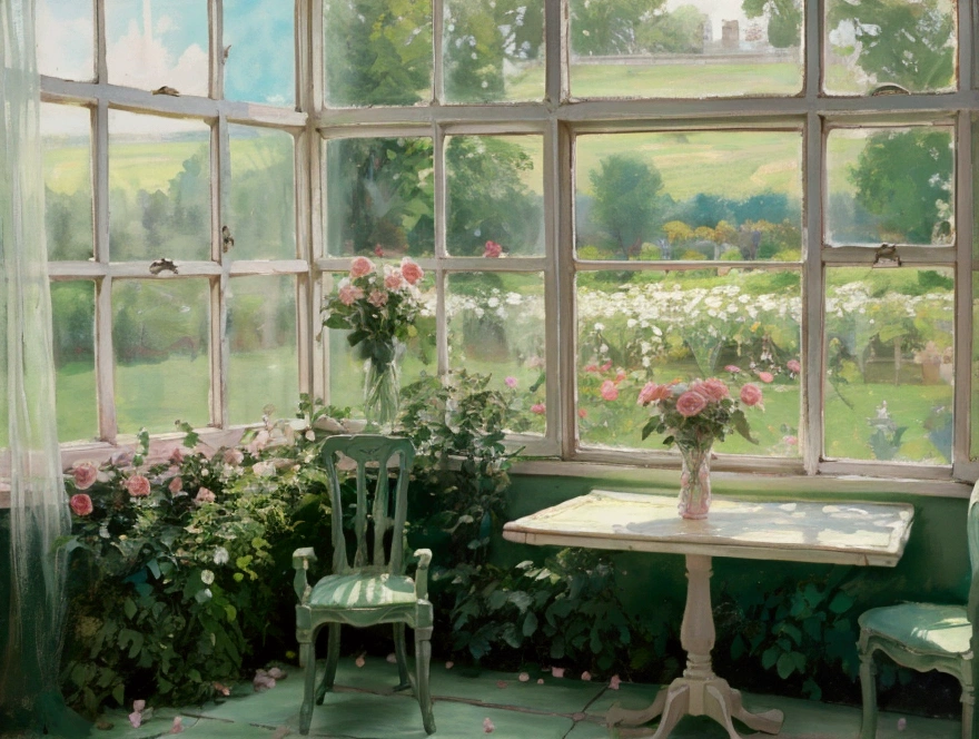 pastel colour　green　room　Rose garden outside the window　cute　　race　curtain　