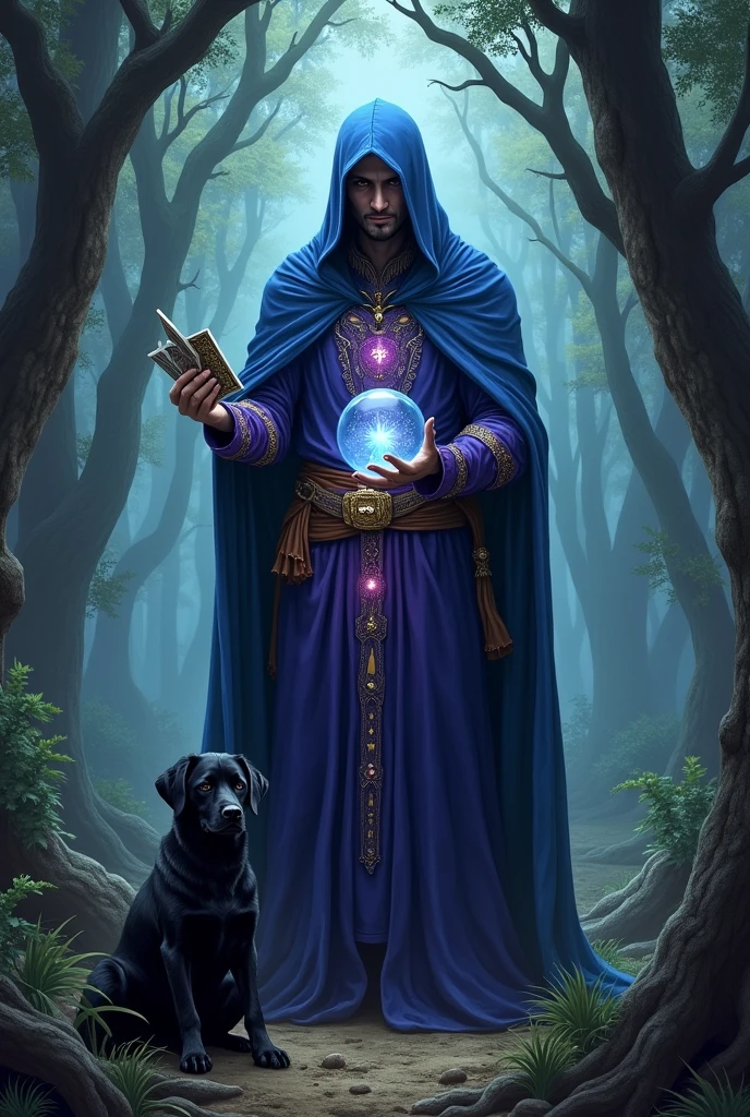 medieval magician, dressed in a blue tunic and hood, purple shirt, blue pants, with tarot cards in the right hand and a crystal ball in the left hand. In the woods with a black dog.