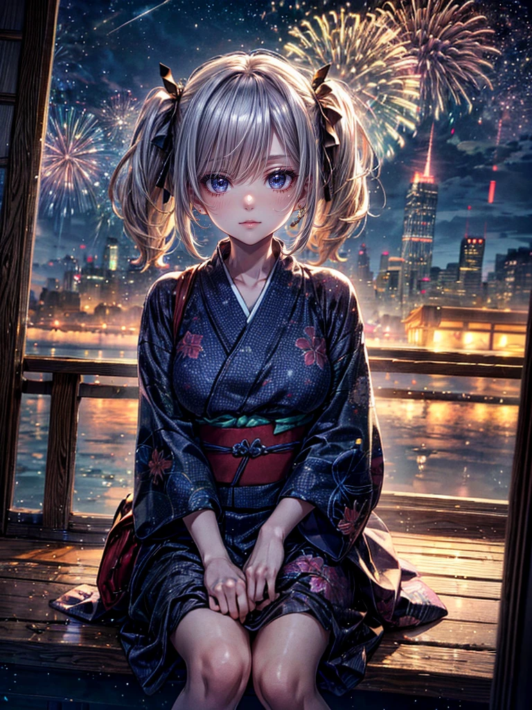 High resolution, Winner of numerous awards, Ultra high definition, Textured skin, Retina, 
masterpiece,(bestquality),highlydetailed,ultra-detailed,1girl, （A composition where a girl is sitting on ロボット:1.4）（Watch the fireworks）(natural lighting,confidentexpression),(panorama:1.2),mecha, smile,angle、chrome,raw（A beautiful girl in a yukata with blonde twin tails:1.5）（Fireworks lighting）星空Gaze, Gaze, 